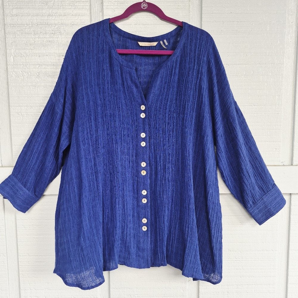 Soft Surroundings Bright Blue Linen Cotton Button-Down Tunic L Beach Resortwear